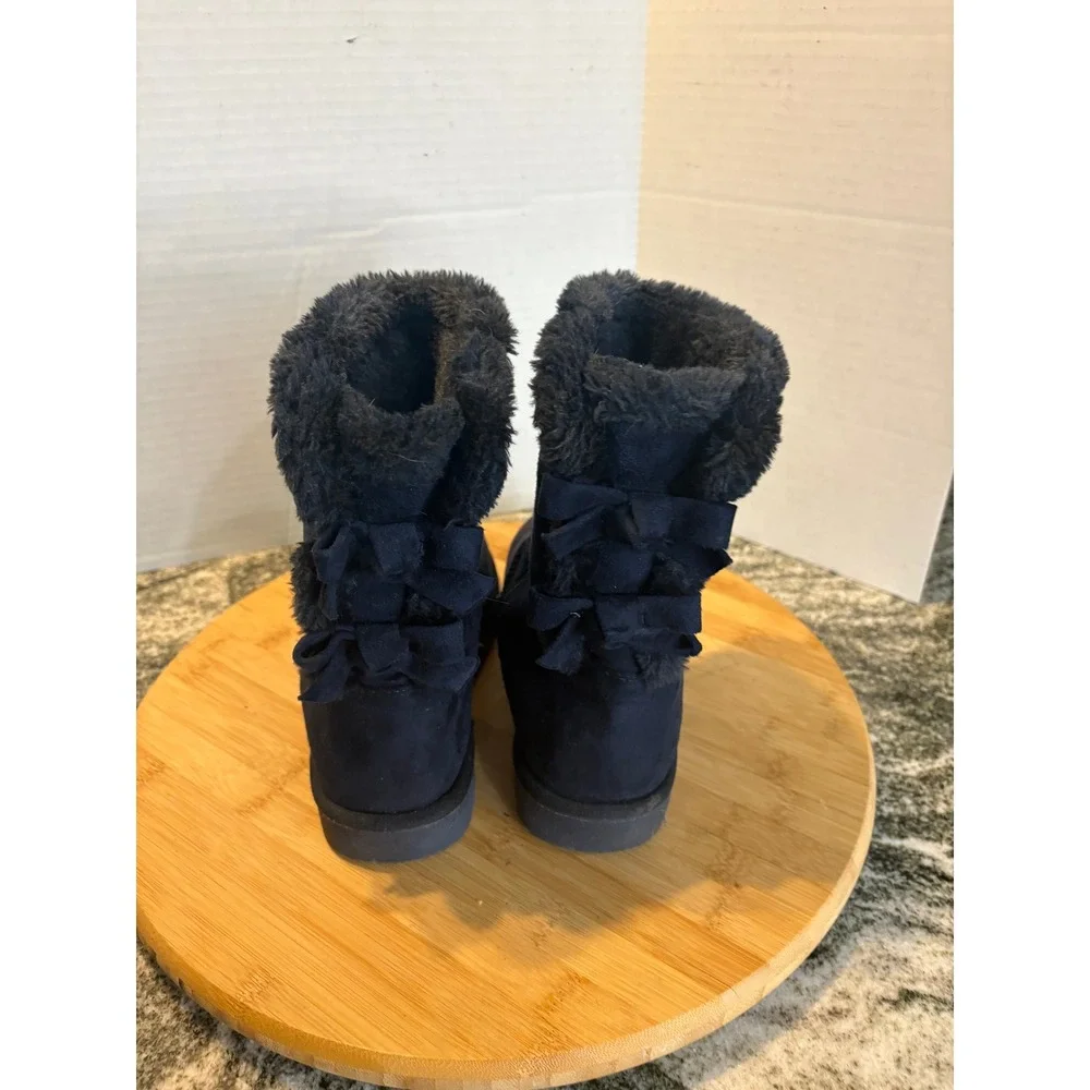 Kids Navy Blue Faux Suede Fur Lined Winter Boots with Bow Accent Size‎ 6M SKU115